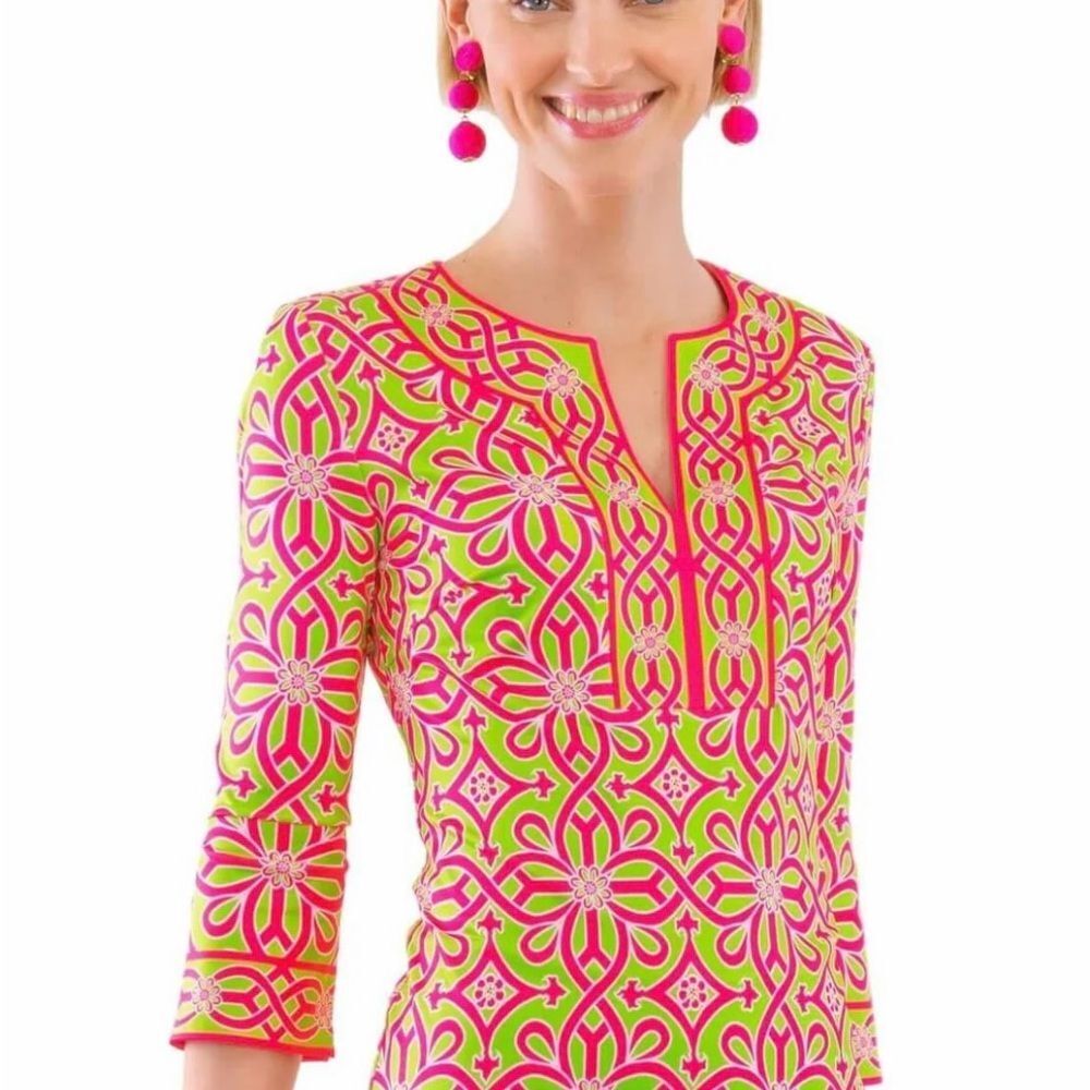 Gretchen Scott Designs Neon Pink & Lime Green Geometric Tunic Top